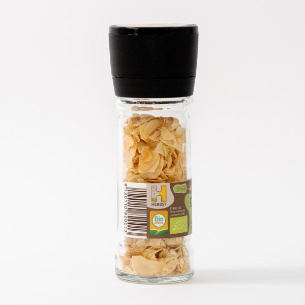 Etikett der Bioknoblauchmühle mit Produktinformationen und Bio-Siegel.
